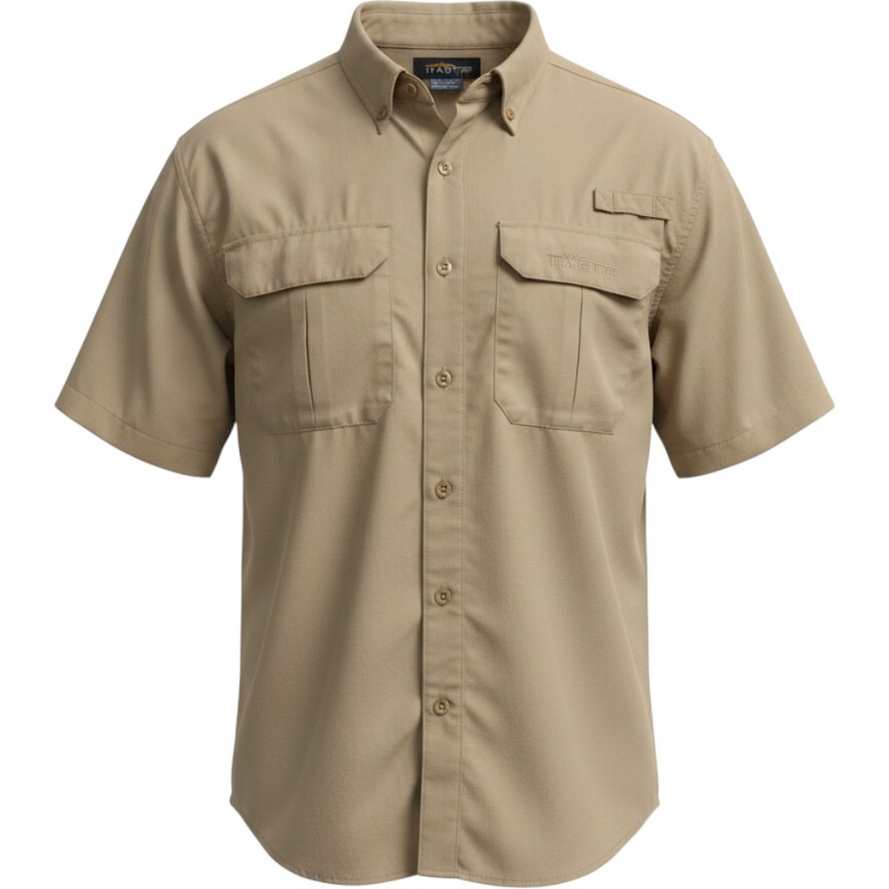 Habit Fishing Shirt Sz L Sahara Tan Short Sleeve Ventilated UPF 40+ Hiking Utili